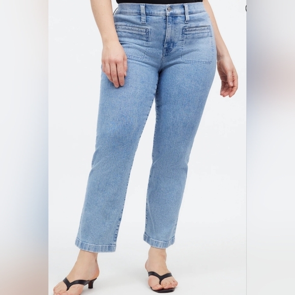 Madewell Mid-rise Kick Out Crop Denim Blue Jean Size 33 Front Patch Pockets - Picture 2 of 14